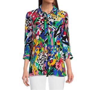 New Ali Miles Wire Collar 3/4 Sleeve Abstract Print Tunic Shirt Sz PM Petite M